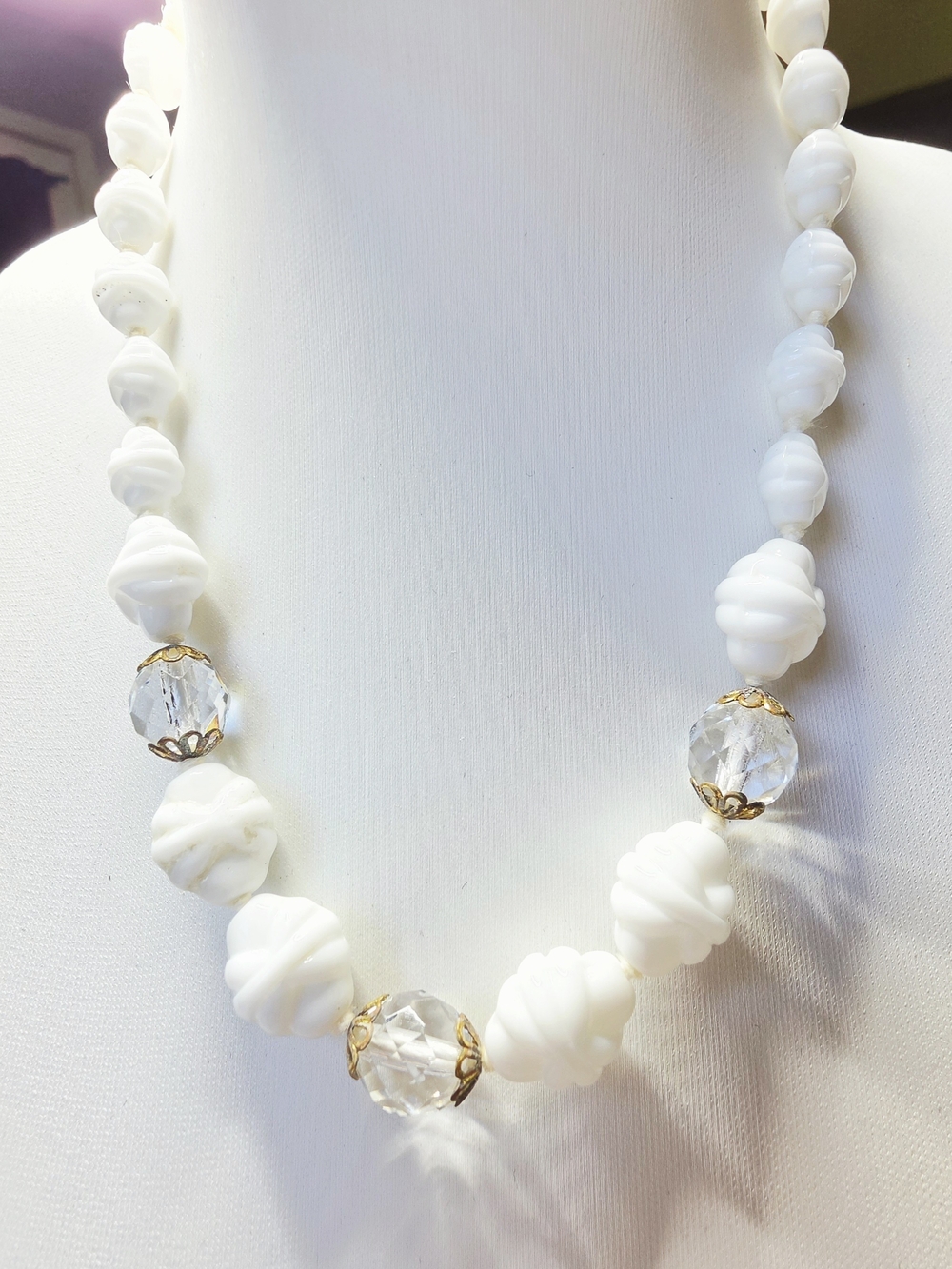 Vintage W Germany Milk Glass Crystal Bead Necklace